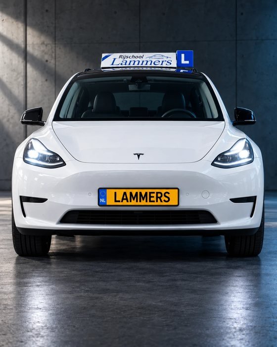 De witte Tesla Model Y van Rijschool Lammers van voren, met het dakbord en het kenteken LAMMERS, in een betonnen studio